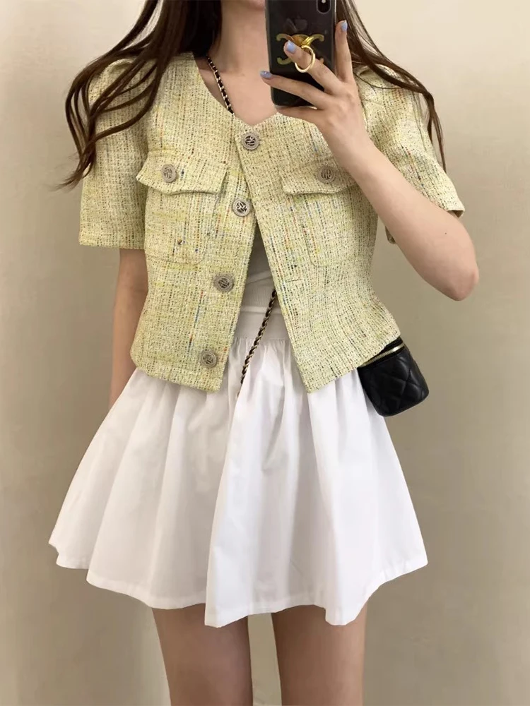 Korean Style Chic Summer Small Fragrant Round Neck Double Pocket Design Loose Mixed Color Coarse Floral Short Coat for Women
