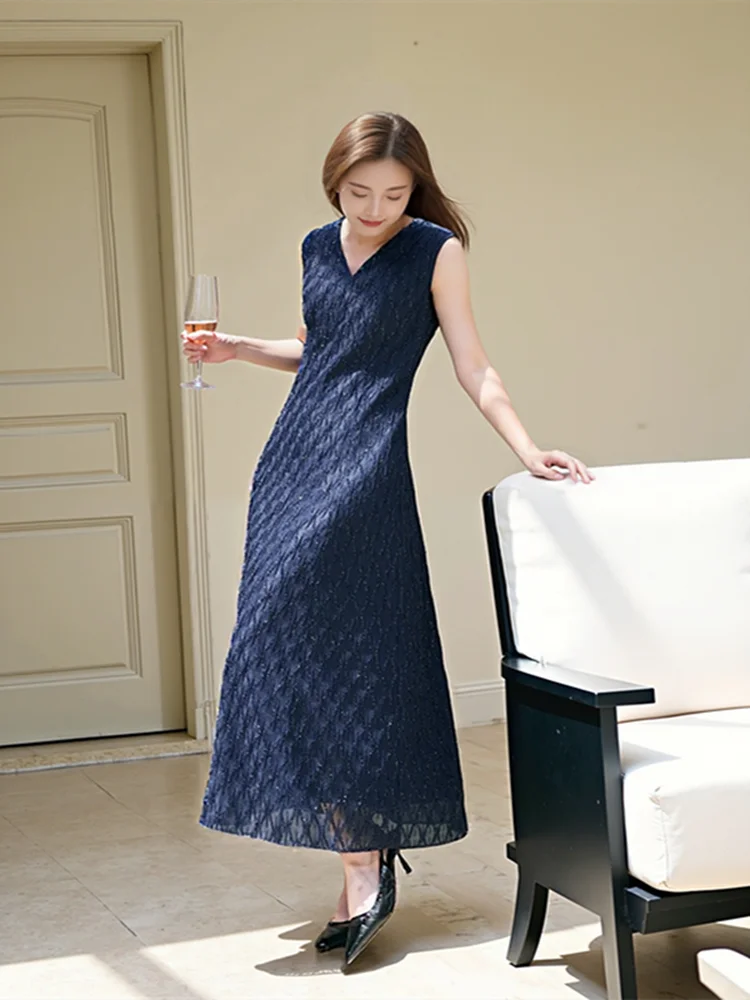 

Ele Mid-Length Sequin Floral Cutout Svel Vest Dr Women's Slimming V-Ne High Waist Gown Polyester Spring Summer