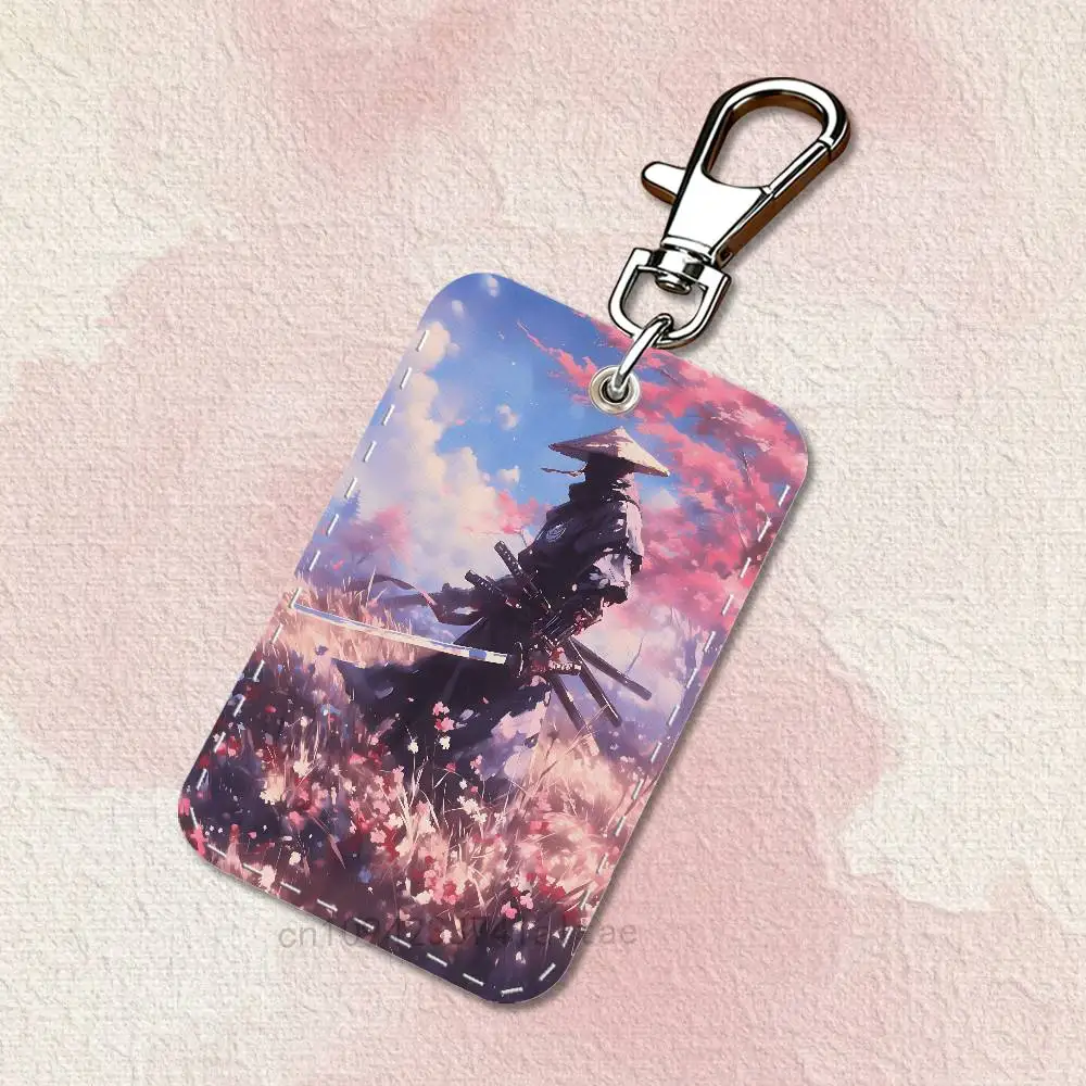 Japan Samurai Rectangle Card Case Keychain Access Card Bag Key Tag Ring Leather Card Holder Key Ring Access