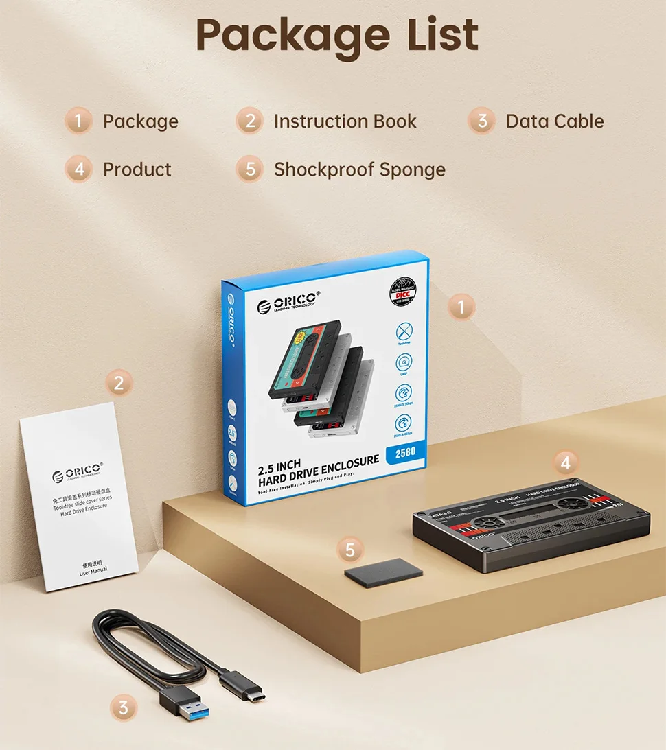 ORICO 2.5'' inch Hard Drive Enclosure USB C SATA III Classic SSD HDD External Case 6Gbps HD Storage Box Shockproof For PC Laptop