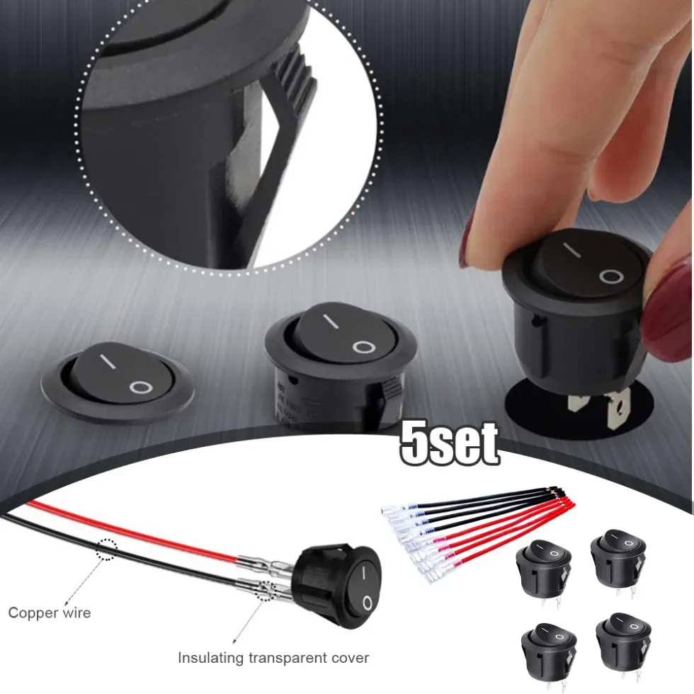 

5Sets Auto Accessories Car Universal Round Rocker Switch SPST 12 Volt 20mm ON Off Toggle Switch DC12V Toggle with Wired Switch