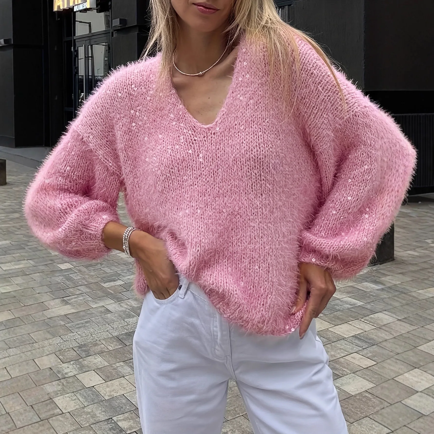 

2026 Women's Summer New Fashion Daily Casual Solid Color Loose Shiny Sparkling Furry Pink Long Sleeve V-neck Sweater for Women
