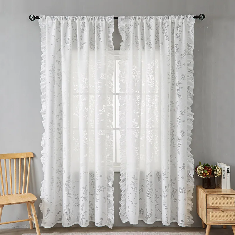 1pc White Sheer Lace Curtains for Bedroom Living Room with Scallop Ruffle Edges Rustic Vintage Florals Embroiderd Top Rod Pocket