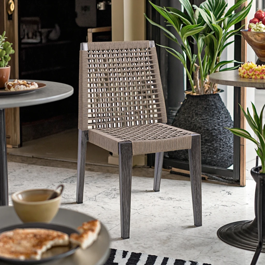Modern Outdoor Aluminum Side Chairs Water-Proof Garden Rope Rattan Weave Restaurant Furniture Table for Parks Patios Stackable
