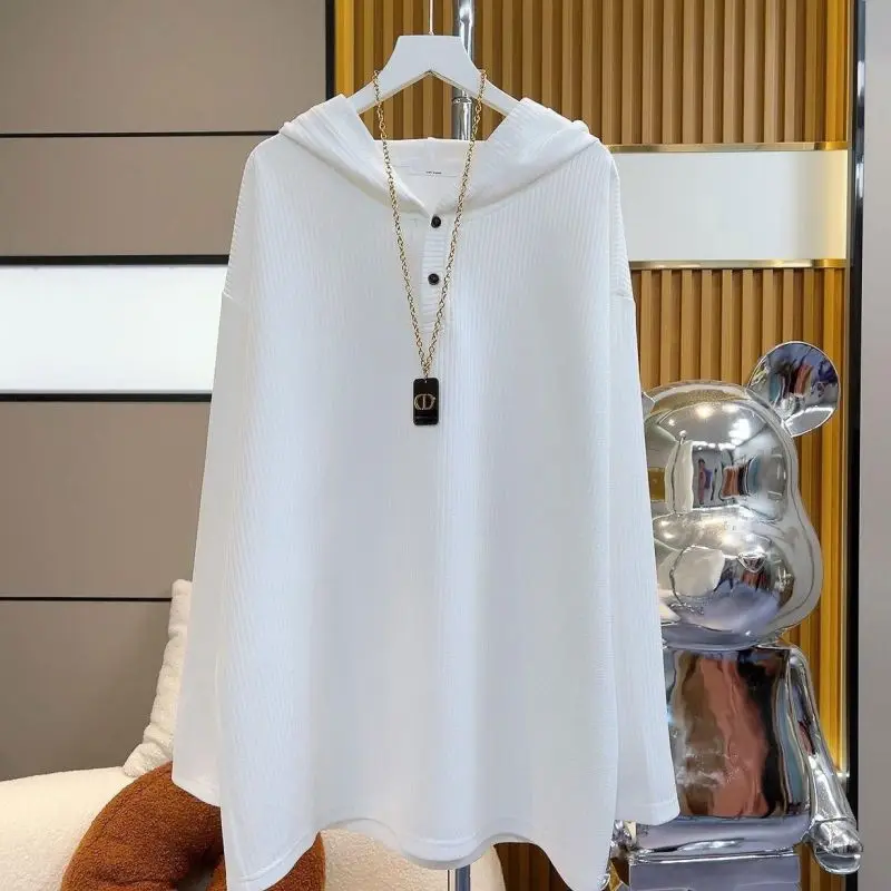 Spring Autumn New Women\'s Plus Size Solid Color Hooded Casual Long Sleeve Fashion Simplicity Stripe Loose Versatile T-shirt Top