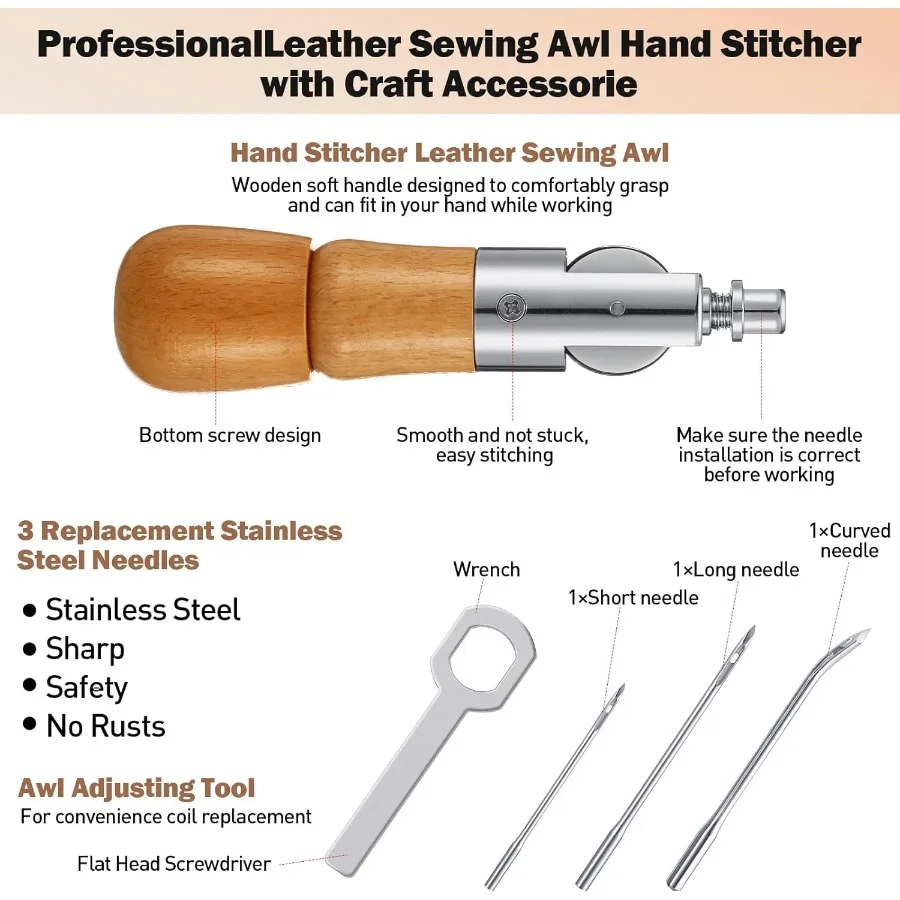 خياطة يدوية مكونة من 12 قطعة من الجلد مع مجموعة إكسسوارات حرفية لمشاريع الأعمال الجلدية التي تتضمن 3 أحجام إبر R