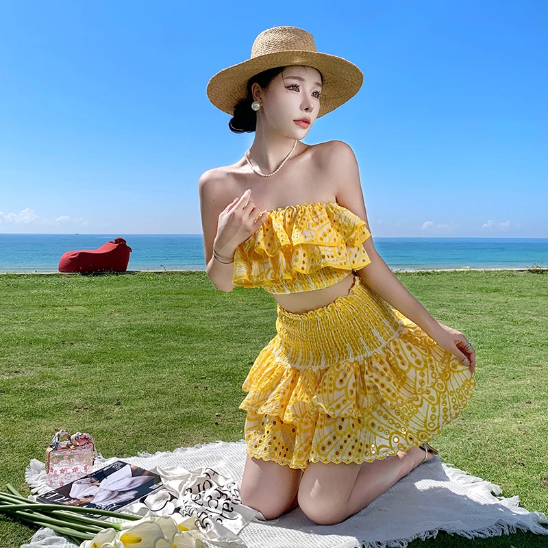 Retro Embroidered Hollow Lotus Leaf Edge One Shoulder Off Shoulder Elastic Top High Waist Puffy Half Skirt Elegant Set