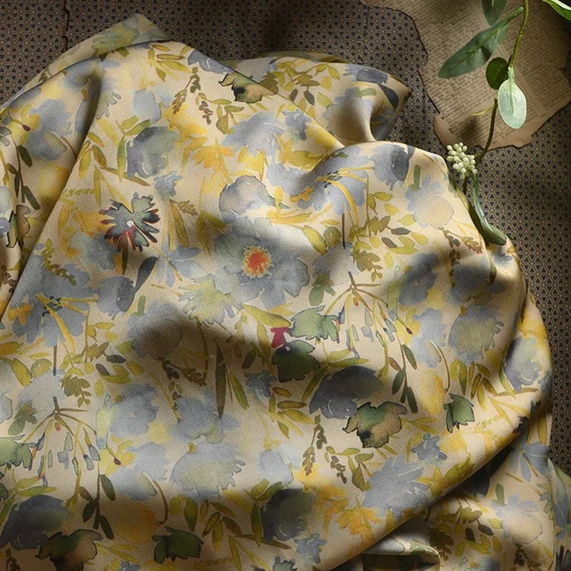 Soft and Breathable Rayon Fabric for Thin Clothing Dress Cheongsam,Gray Floral Printed on Yellow,145CM Wide Sewing Material R548