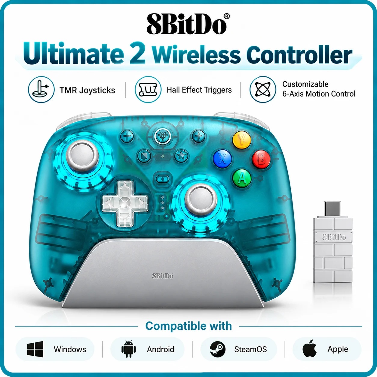 8BitDo Ultimate 2 Kabelloser Controller für Windows PC, Apple, Steam & Android, Gaming-Controller TMR Joysticks 1000Hz Abtastrate