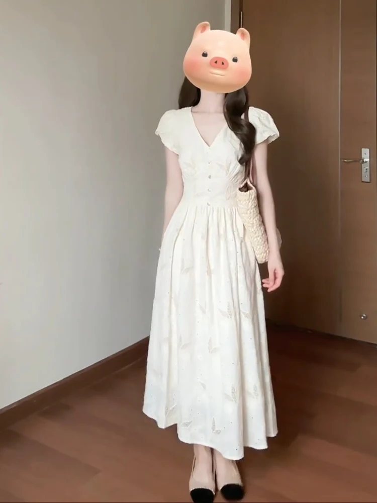 

Keni plus Size V-Neck Embroidery Dress Women's Summer Slimming Long Dress High Waist A-Line Skirt Korean Style Commute Wind