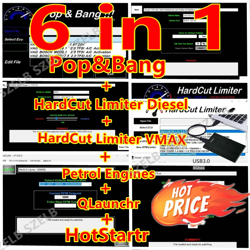 Newest 6 IN 1 ECU Software Package HardCut Limiter Diesel+ VMAX+ Petrol Engines+ Pop&Bang + HotStartr + QLaunchr Free Install