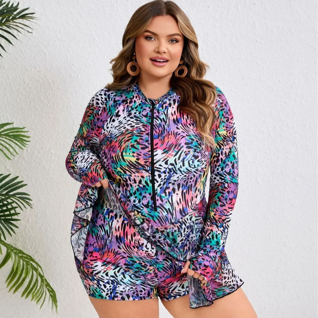 2026 New Plus Size Women Long Sleeve 2‑in‑1 Swim Dress Colorful Leopard Print Front Zip Conservative Mesh Skirt Bathing Suit