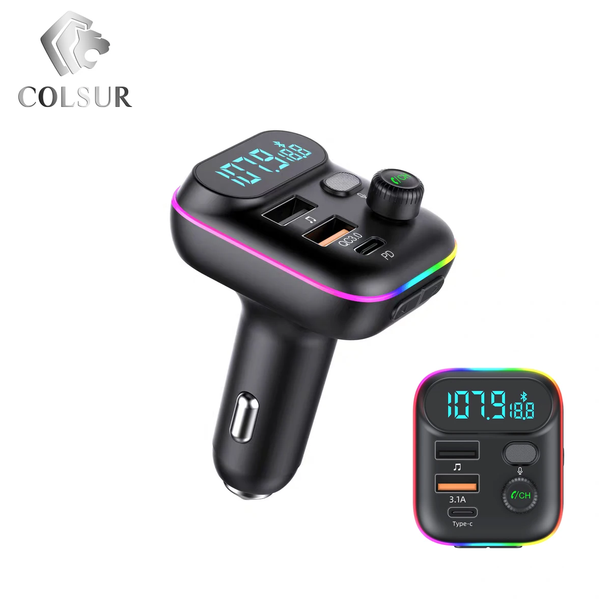 Car Bluetooth 5.0 FM Transmitter Dual USB QC3.0 PD Type C Car Charger Ambient light Handsfree Mp3 Music Player Support TF Card