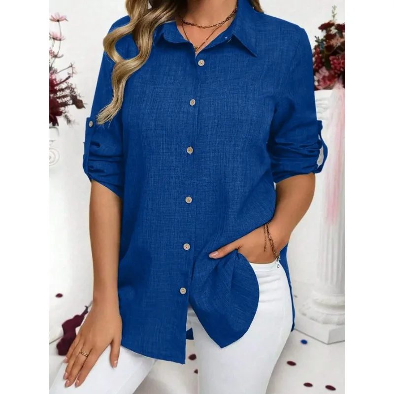 Plus size 1xl-5xl novas mulheres casual blusa de manga longa camisa senhoras casual elegante blusa de lapela sólida camisa vintage topos