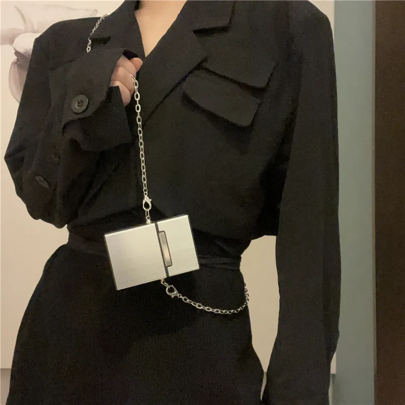

Women's Mini Crossbody Square Card Holder Chain Purse Silver Metal Cigarette Case Bag Fashion Accessory