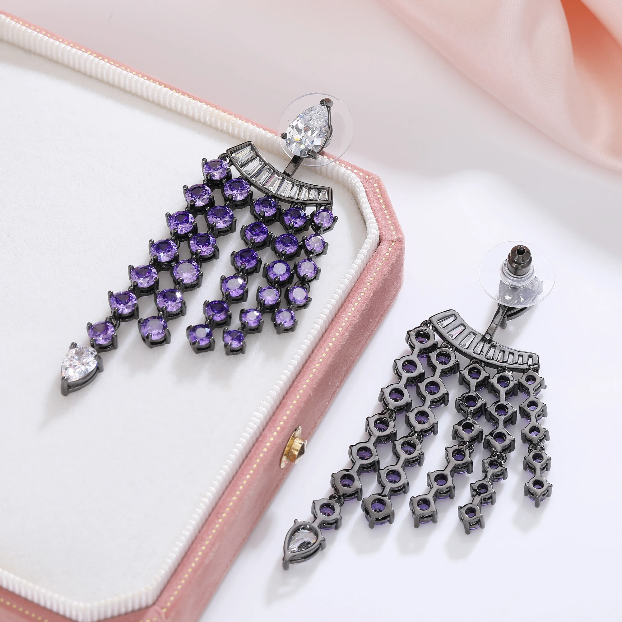 Fashion Purple CZ Tassel Earrings for Women Long Dangling Detachable Two Ways of Wearing Gift