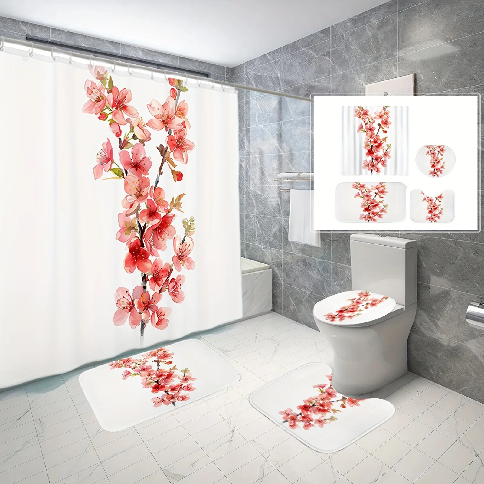 

Набор из 4 предметов с акварельным узором вишни на белом фоне, занавеска для душа, нескользящий коврик, сиденье для унитаза и U-образный коврик