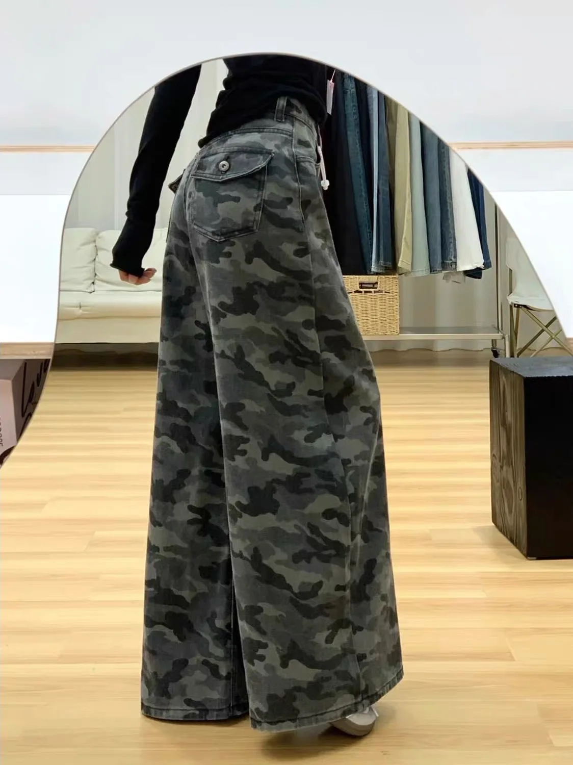 

Camouflage Workwear Jeans Women's High Waist Loose Fit Straight Leg Dra Lazy Sle American High Street Spring New Arrival