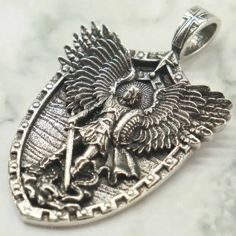 Buy 3 Get 1 Free 13g Holy light cleaves the chaos. Michael hovers above the abyss, wings unfurled Silver Plated Pendant Mens