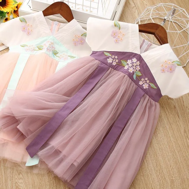 Baby Kids Dresses for Girls Chinese Style Ancient Costume Hanfu Clothes 2026 New Summer Princess Casual Princess Plaid Dress