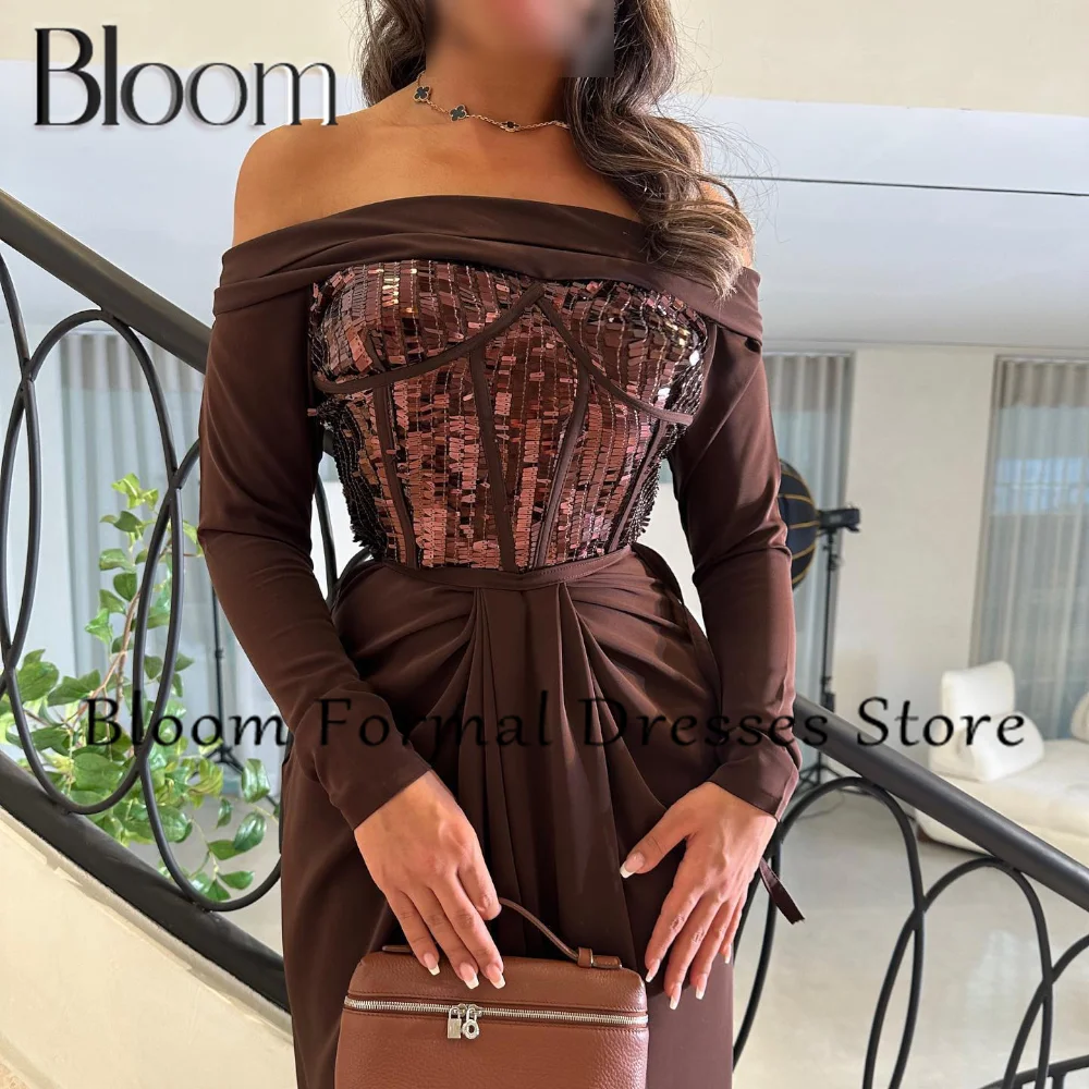 Bloom Off the Shoulder Jersey Long Sleeves Zipper Back Sequined Boat Neck Solid Color Sweep Train Elegant Party Evening Dresses