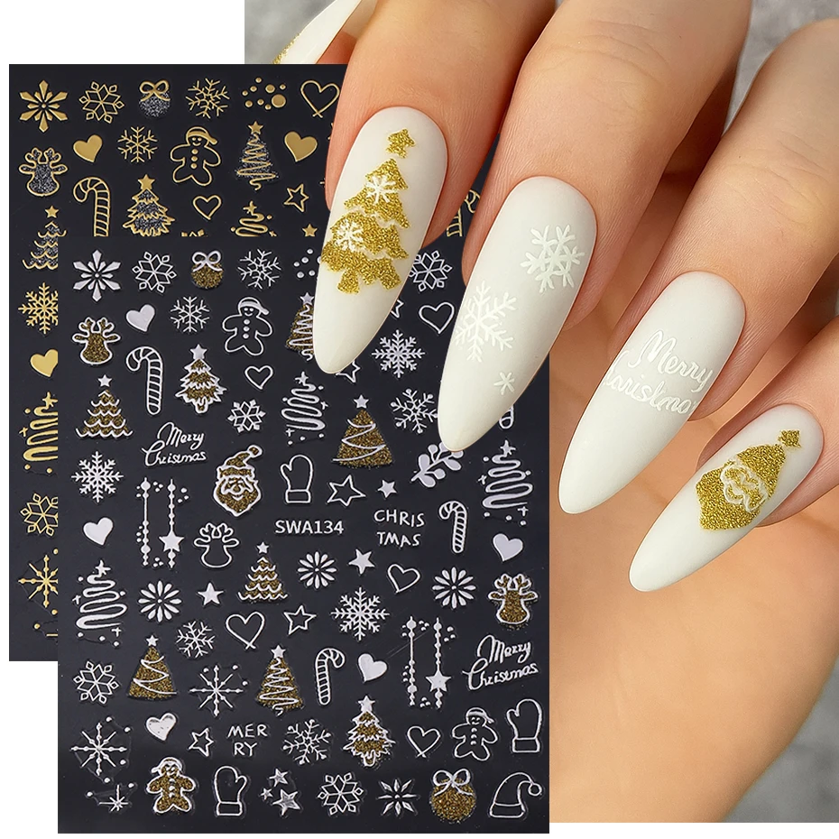 2 stücke Weihnachten Nail art Aufkleber Glitter Gold Silber Schneeflocke Weihnachten Baum Lebkuchen DIY Nagel Dekoration Winter Maniküre Aufkleber