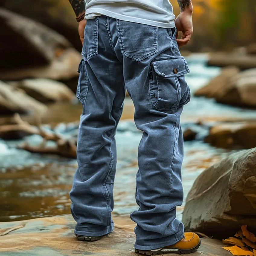 Retro Corduroy Straight Wide Leg Cargo Pants For Men Multi Pocket Relaxed Fit Streetwear Hiking Camping Casual Pants