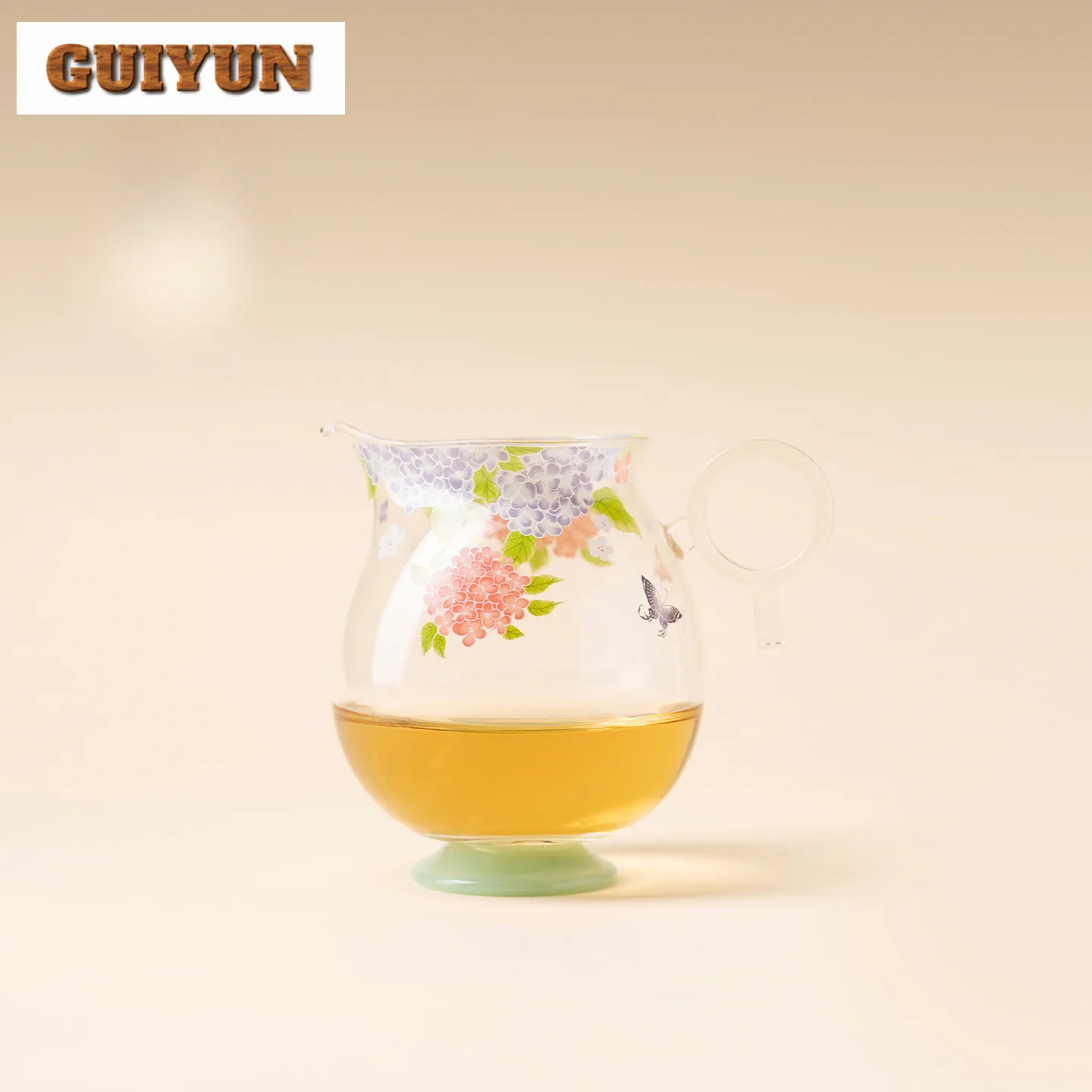250mlアジサイ蝶ガラスティーピッチャーティーディバイダー茶海ディスペンサージャスティスカップフェアマグ中国茶セットギフト用品