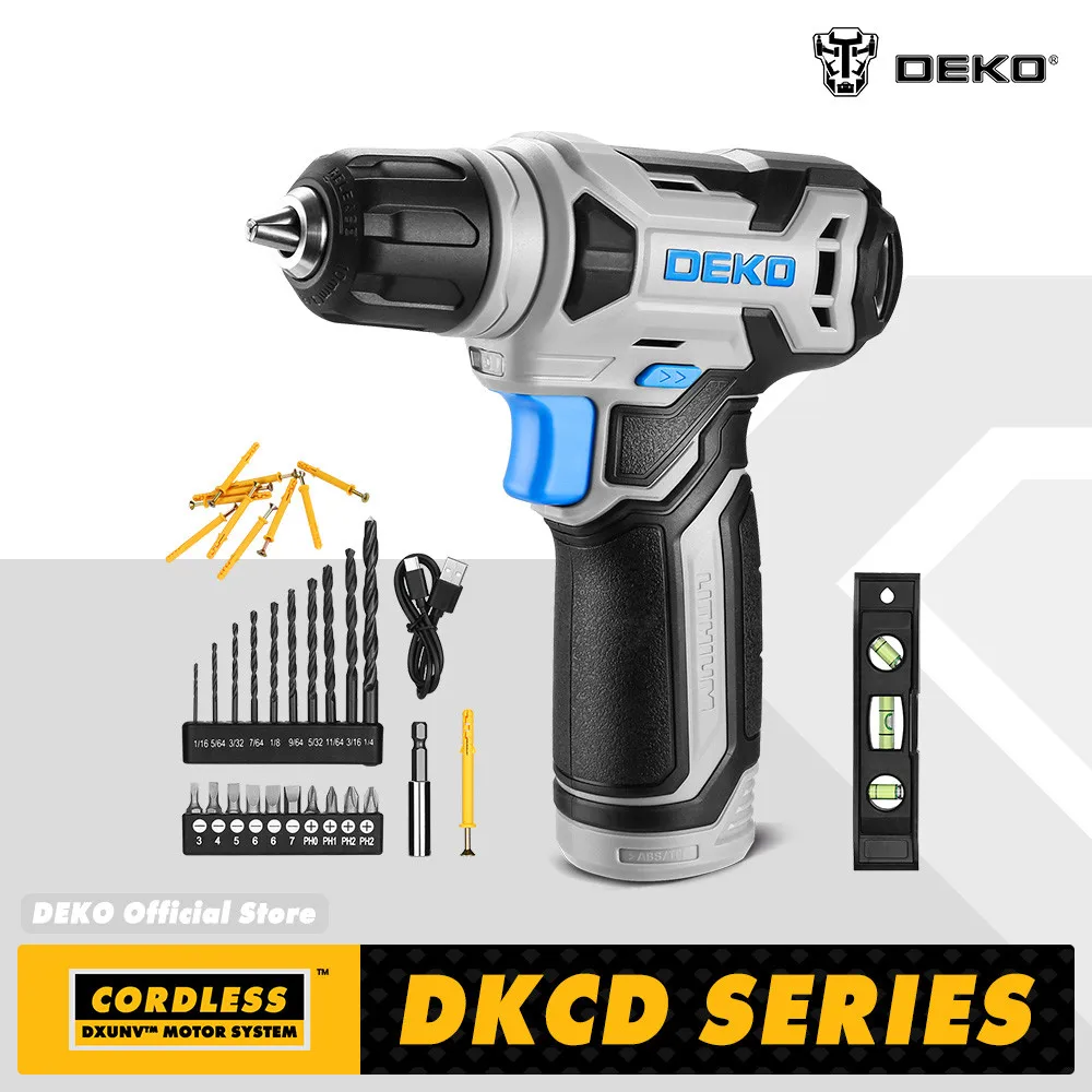 

DEKO 8V Wireless Mini Power Driver Electric Screwdriver Set 3/8"Keyless Chuck Cordless Drill with Screw Set for Woodworking