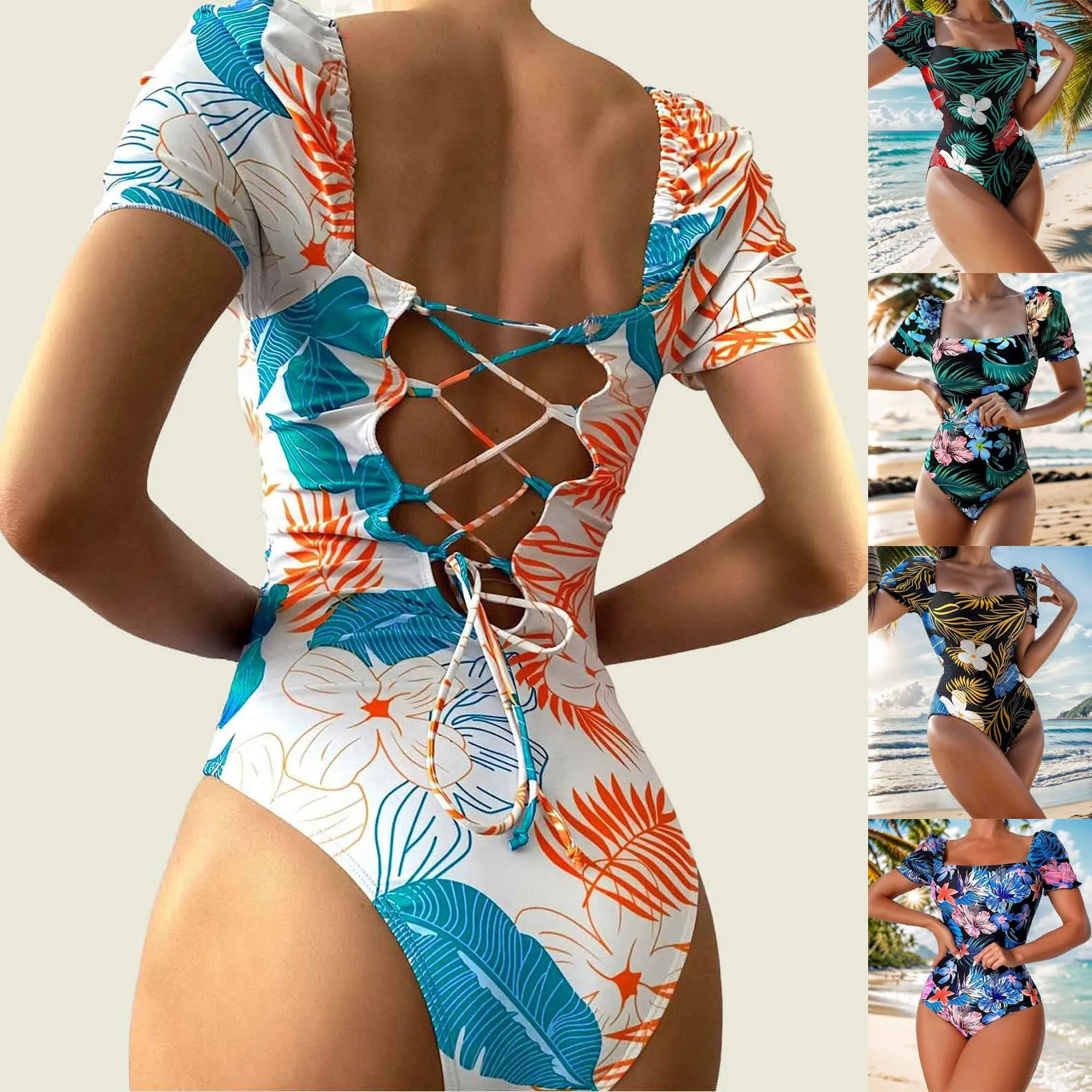 Vintage Floral Print Swimwear Women 2024 Short Sleeve Cut Out Bandage Cross Bathing Suit Control Abdomen One Piece Swimsuits