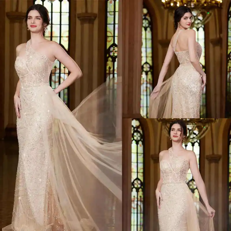 

Luxury Evening Dress A-Line Bling Sequins One Shoulder Floor-Length Court Gown Dress Plus Size Vestido De Noite Customized