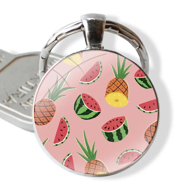 Keychain Handmade Glass Cabochon Key Ring Holder Pendant Key Chains Fruit Pineapple Banana Watermelon coconut fruit