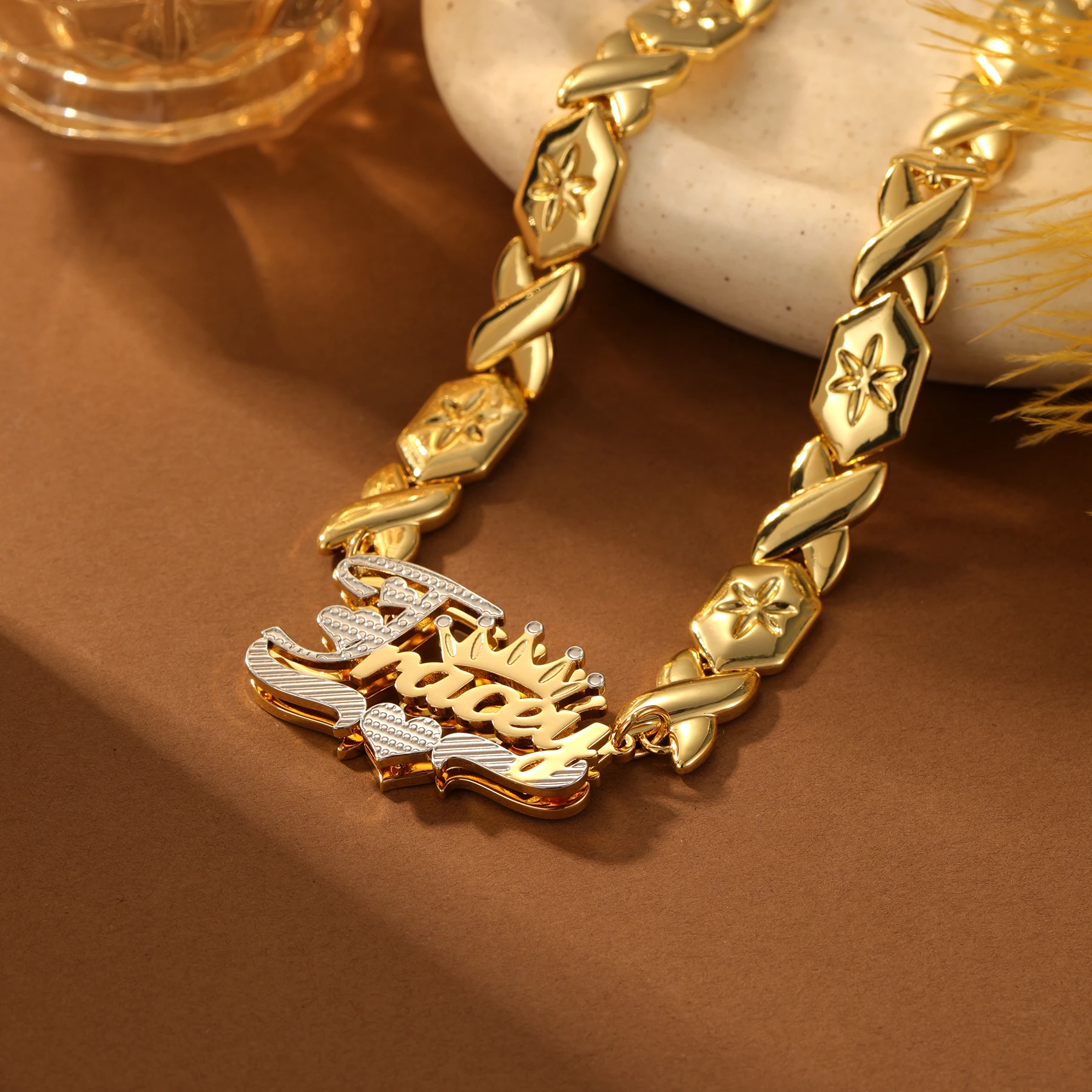 

Double Layered Two Tone Name Necklace with XO Chain Crown Initial Pendant 18K Gold Plated Stainless Steel Personalized Gift