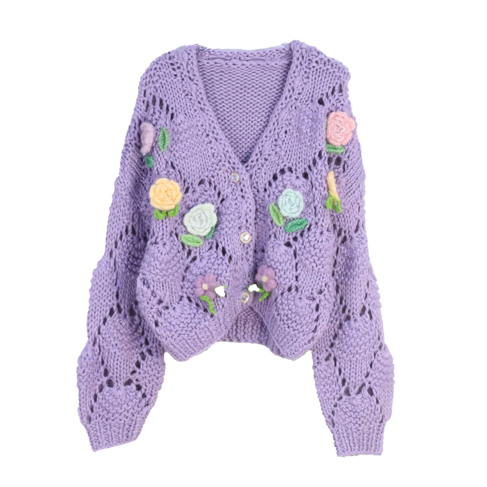 

Bohemian Hand-crocheted Flower Hollow Knitted Cardigan Jacket Spring Autumn V-neck Long-sleeve Sweater Top For Women Holiday