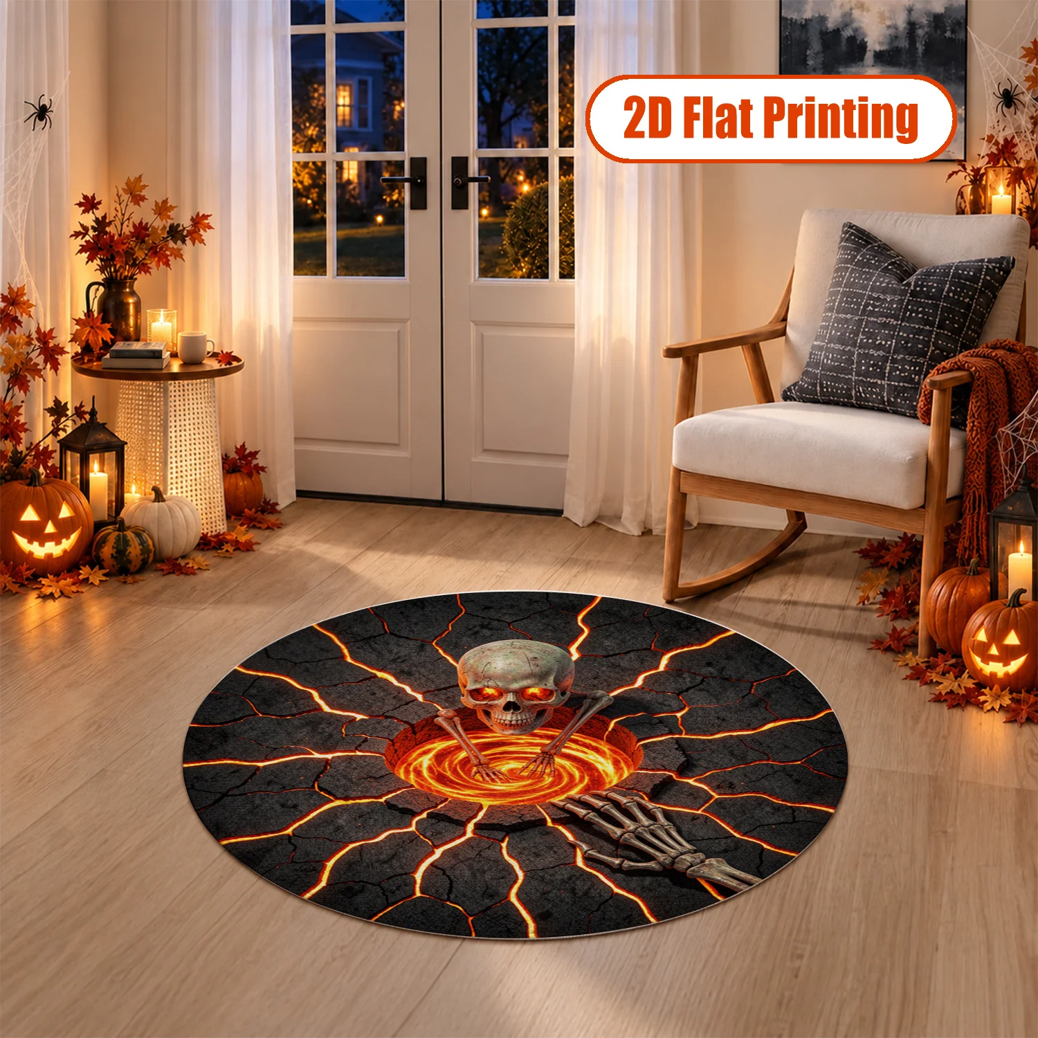 Fiery Skull Lava Crack Pattern Round Rug, Velvet Material, Machine Washable Soft Plush Area Rug for Living Room, Bedroom, Entryway, Halloween Thanksgiving Christmas Holiday Decor for Black Friday Cyber Monday New Year Celebrations