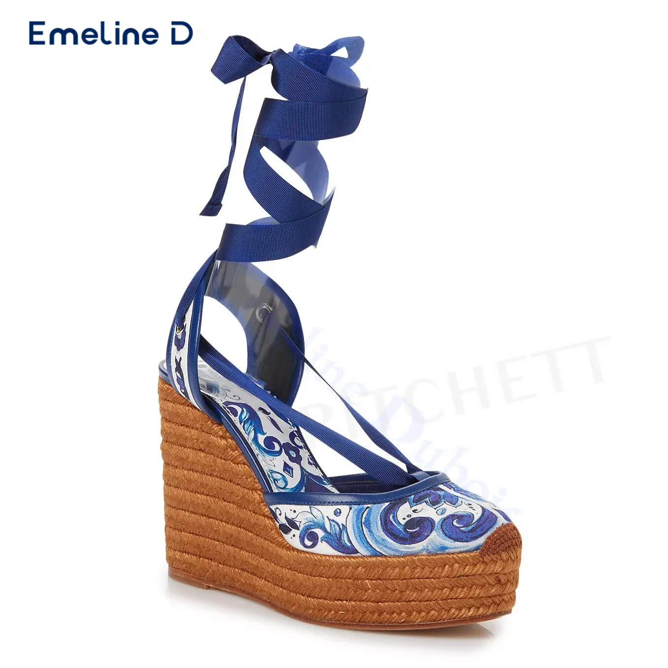 

Blue and White Porcelain Pattern Espadrilles Blue Round Toe Hollow Back Wrapped Lace-Up Wedge Heels Elegant High Heel Shoes