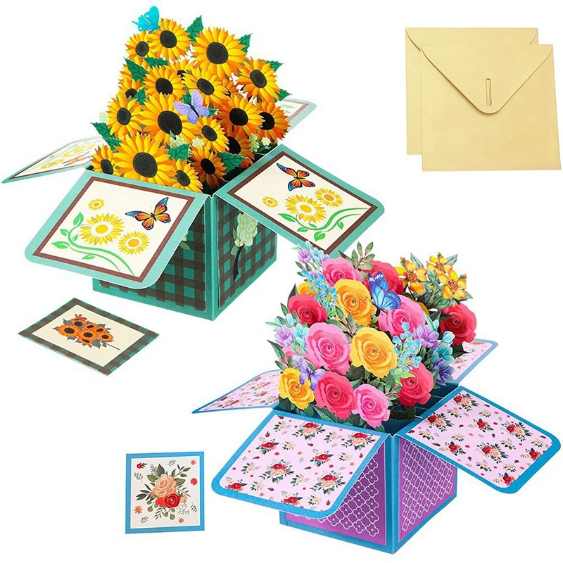 

2 Pcs Sunflower Seed Rose -Up Card For Mother's Day 3D Bouquet Envelope For Mothers Day Mom Gifts