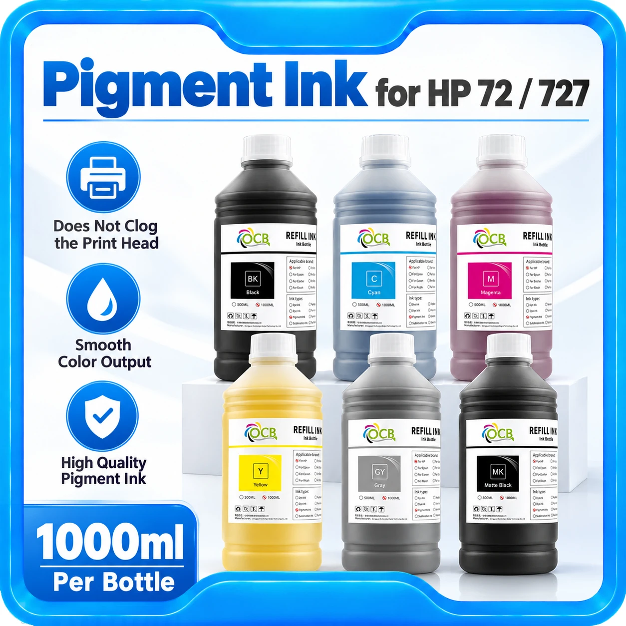 For HP 727 1000ml Pigment Ink Compatible For HP 72 T770 T790 T1120 T1200 T620 T610 727 T920 T1500 T2500 T930 T1530 T2530 Printer