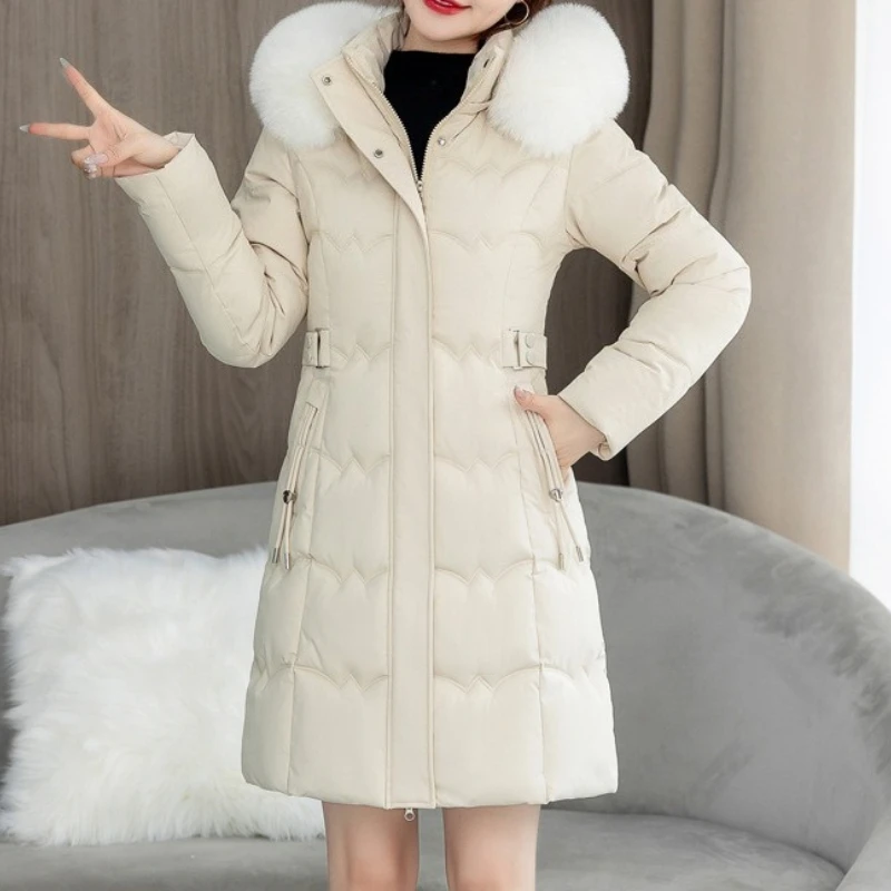 

Long Hooded Cotton-padded Jacket with Large Waist and Big Fur Collar in Europe and America