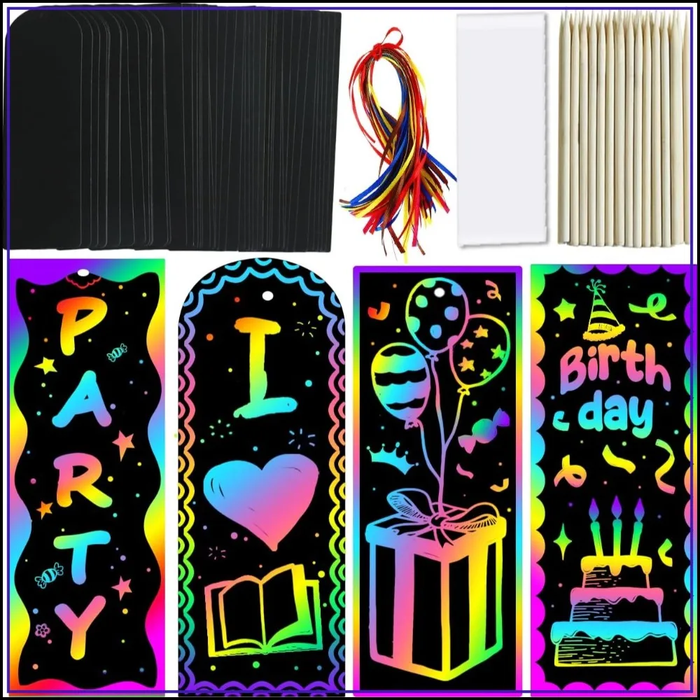 36 Set Magic Rainbow Scratch Paper Bookmarks, DIY Art Craft Kit for Party Favors & Classroom Activities