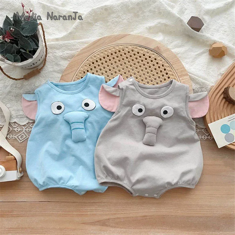 

Baby romper summer outfit new sleeveless infant bodysuit for boys girls elephant costume in gray blue halloween Purim photo prop