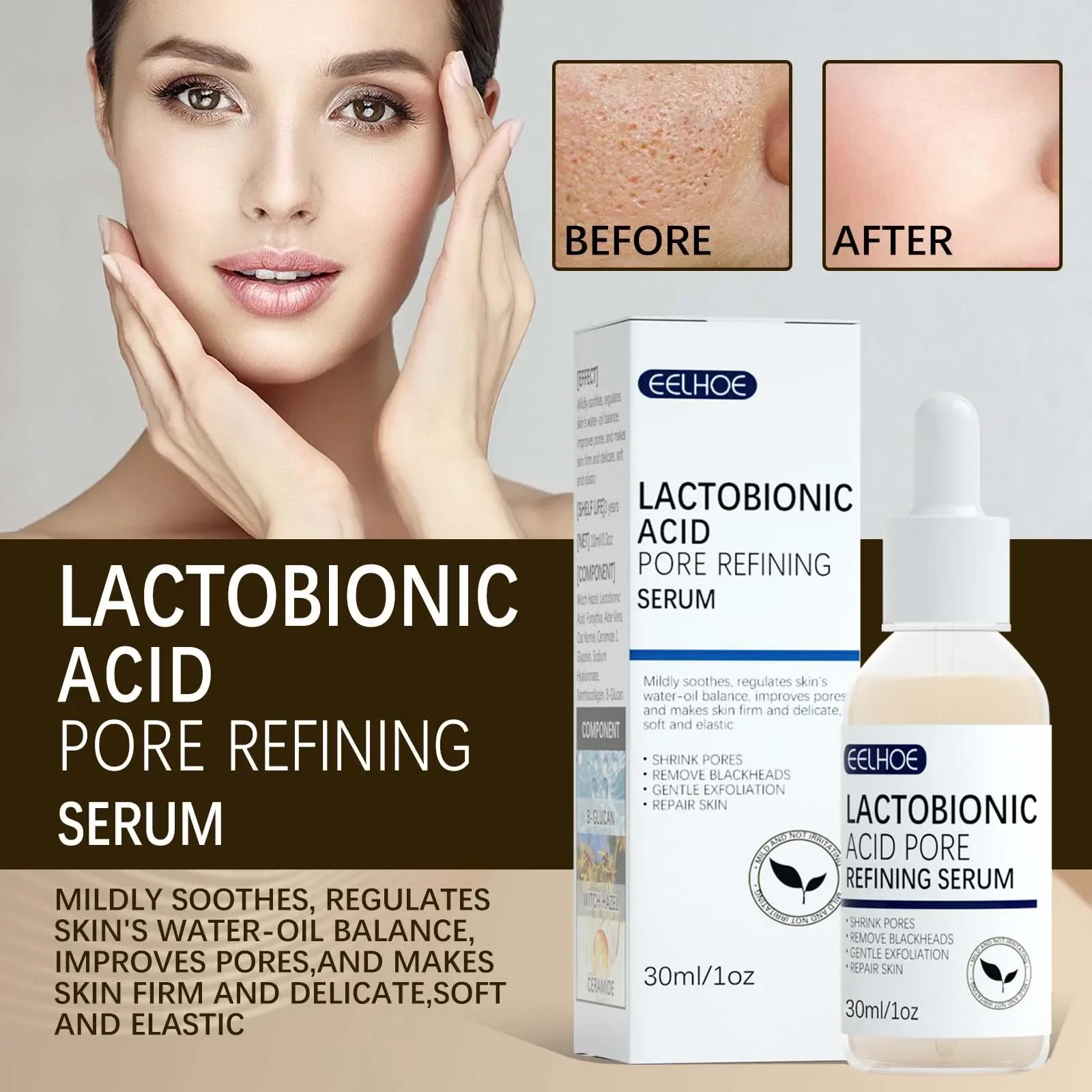 Lactobionic Acid Porerefine Serum Mildly Soothes WaterOil Balance Firm Pores Remove Blackheads Emollient Essence Korean Cosmetic