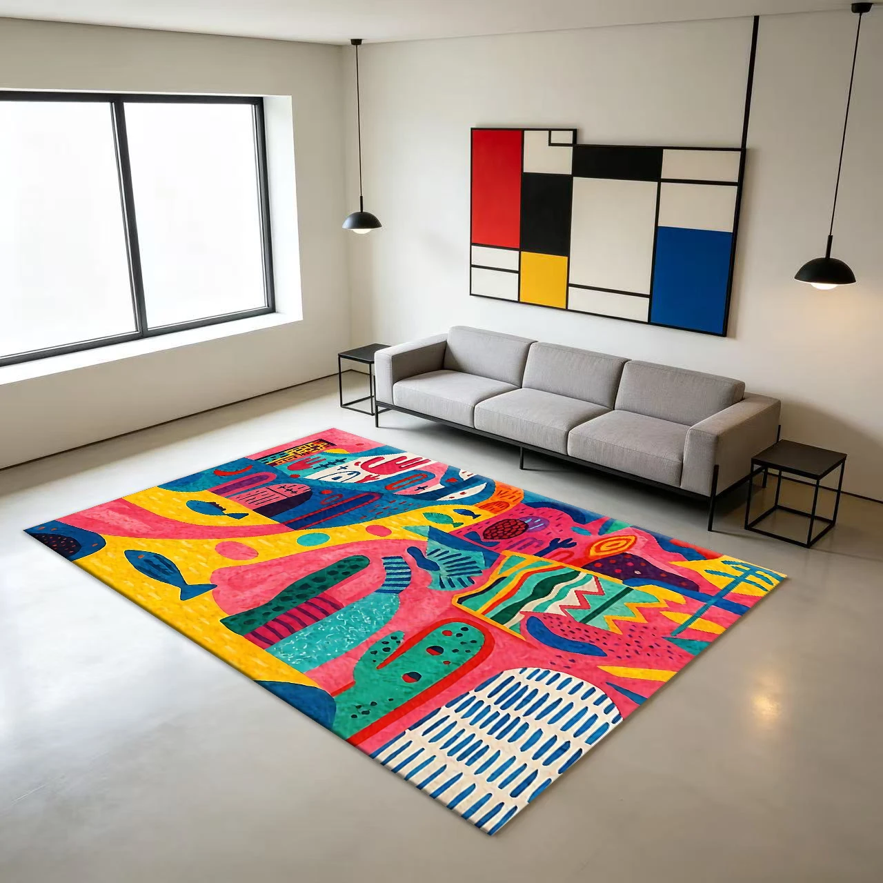 Bohemian Style Vibrant Abstract City Cactus Fish Art Carpet Colorful Creative Living Room Floor Rug