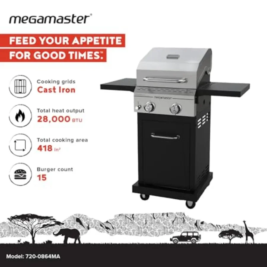 Deluxe 2 Burner Gas Grill for outdoor cooking, stainless steel body, black finish, foldable shelves and integrated warming rack