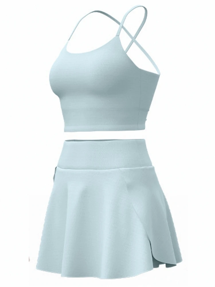 2 Piece Women Quick-Dry Sports Shorts Skirt Set V-Neck Sleeveless Top Running Fitness Workout Athletic Wear Tracksuit Sportswear