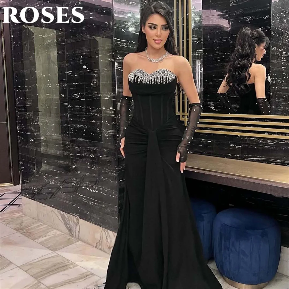

ROSES Black Party Dresses with Lace Off the Shoulder Mermaid Night Dress Glitter Sweetheart Celebrity Dress for Woman Customized
