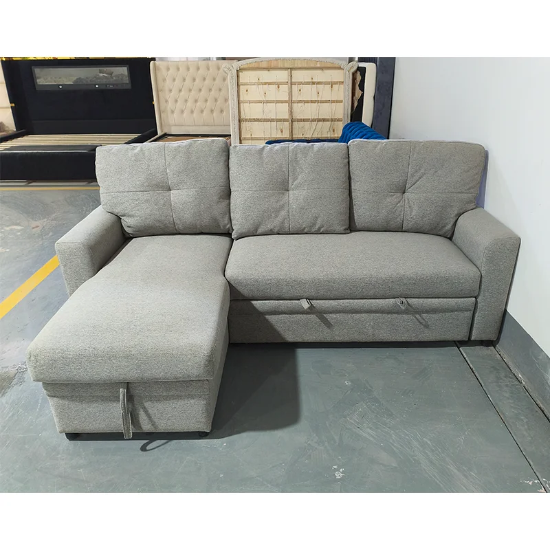 # 2026 Hot Sale L-shaped Linen Fabric Wooden Frame Pull Out Storage Sofas Beds Furniture for Home Office Small House