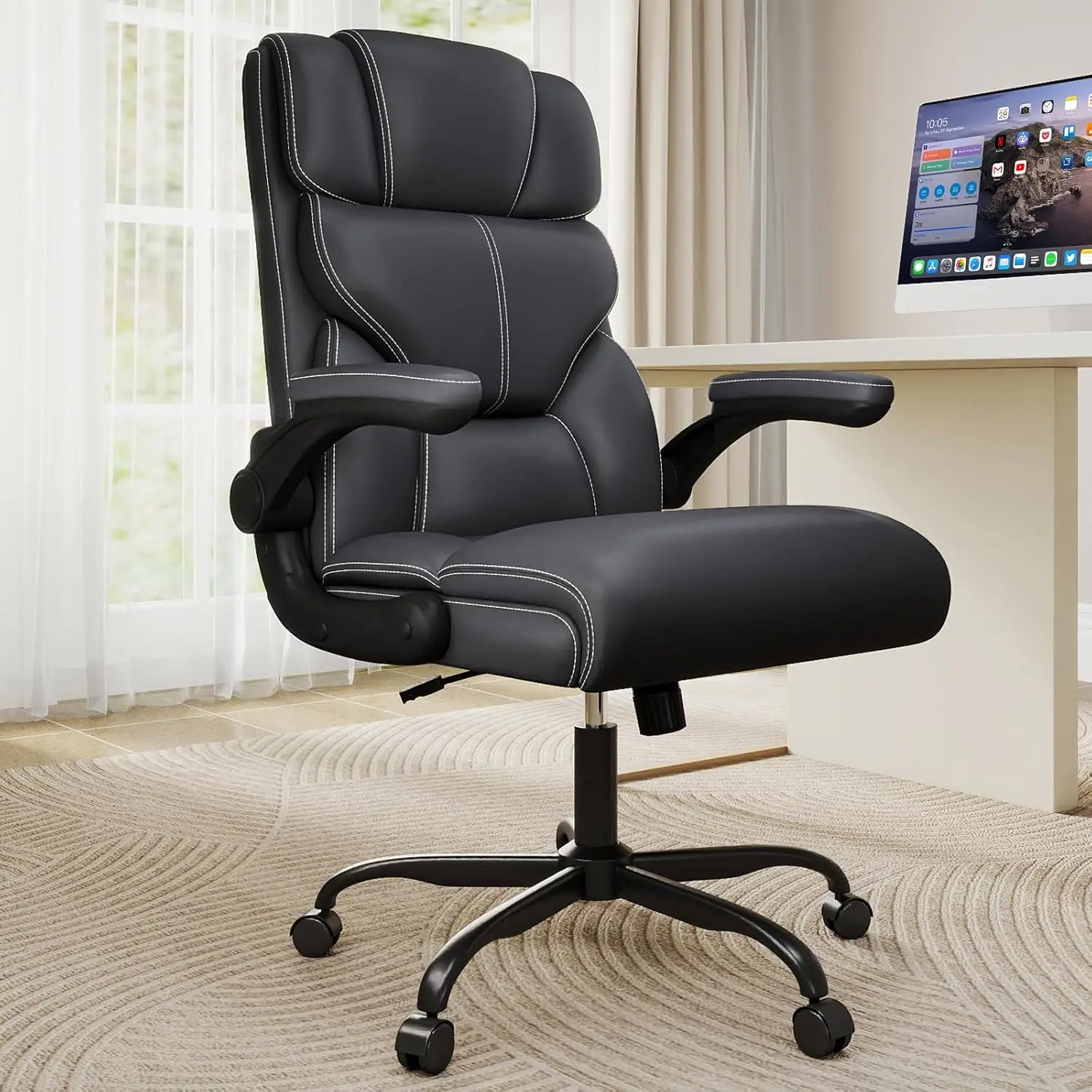 Executive Office Chair with Flip-up Armrests, Ergonomic Leather PC Chair, Lumbar Support, Rocking Function, 400 Lbs Capacity