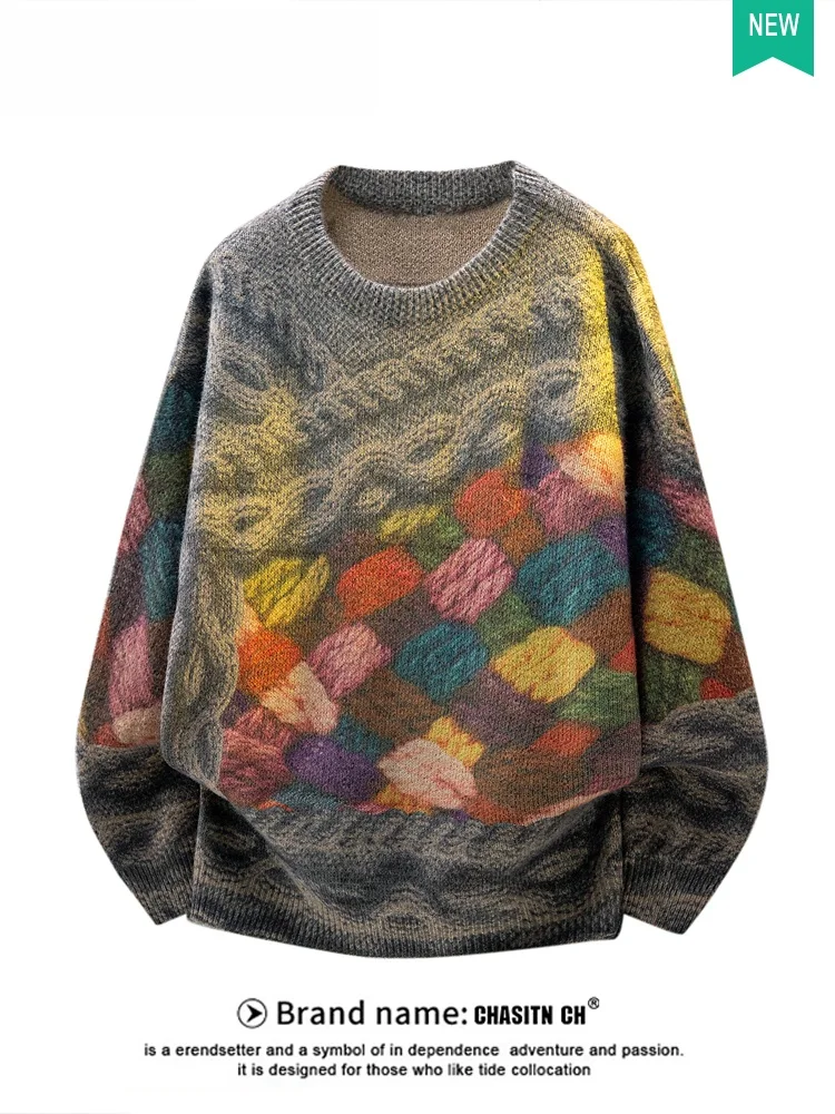 

American Sle Knitted Sweater Men's Autumn Winter Lazy Sle Loose Woolen irt Couple Warm Casual Top Embroidery