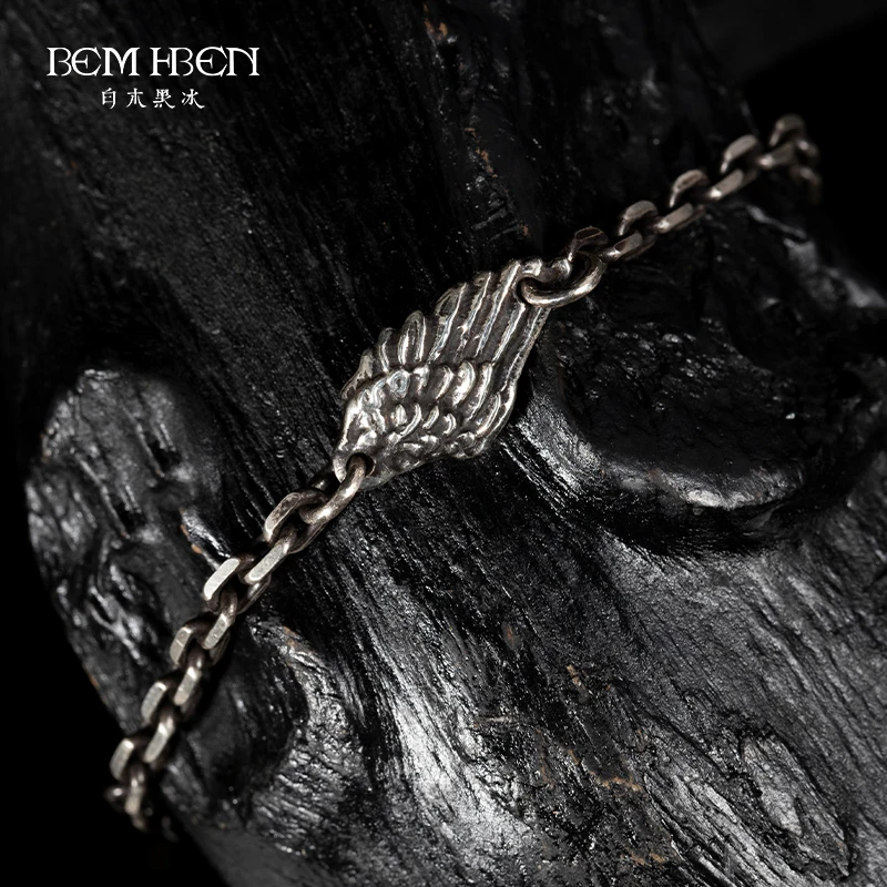 

BEM HI BEN Men's Women's bracelet feather wing 925 sterling silver simple Original Hand made darkness custom punk engraving